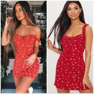 Red Floral PrintFrill Detail Shift Dress